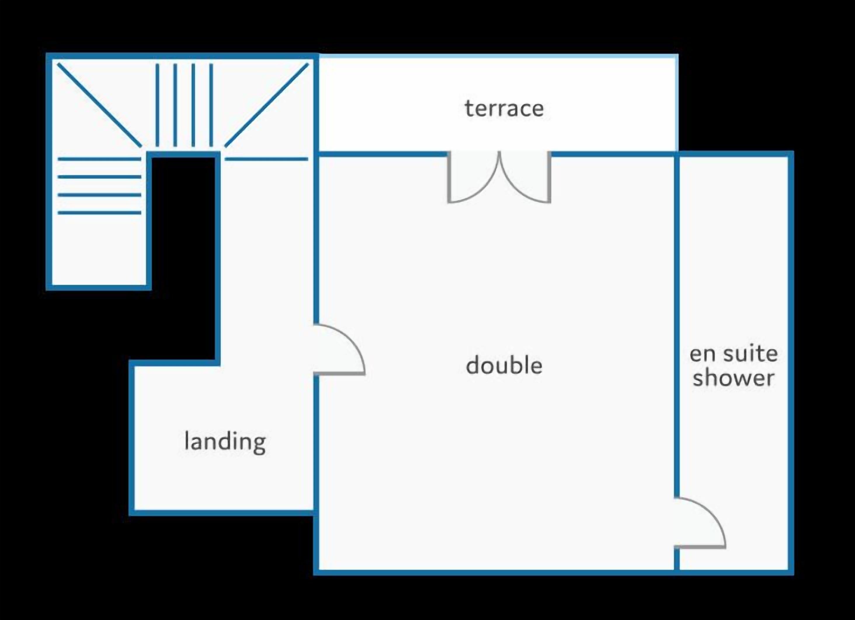 Un plan d’étage comprenant une terrasse, une chambre double, une salle de bain attenante avec douche et un palier.