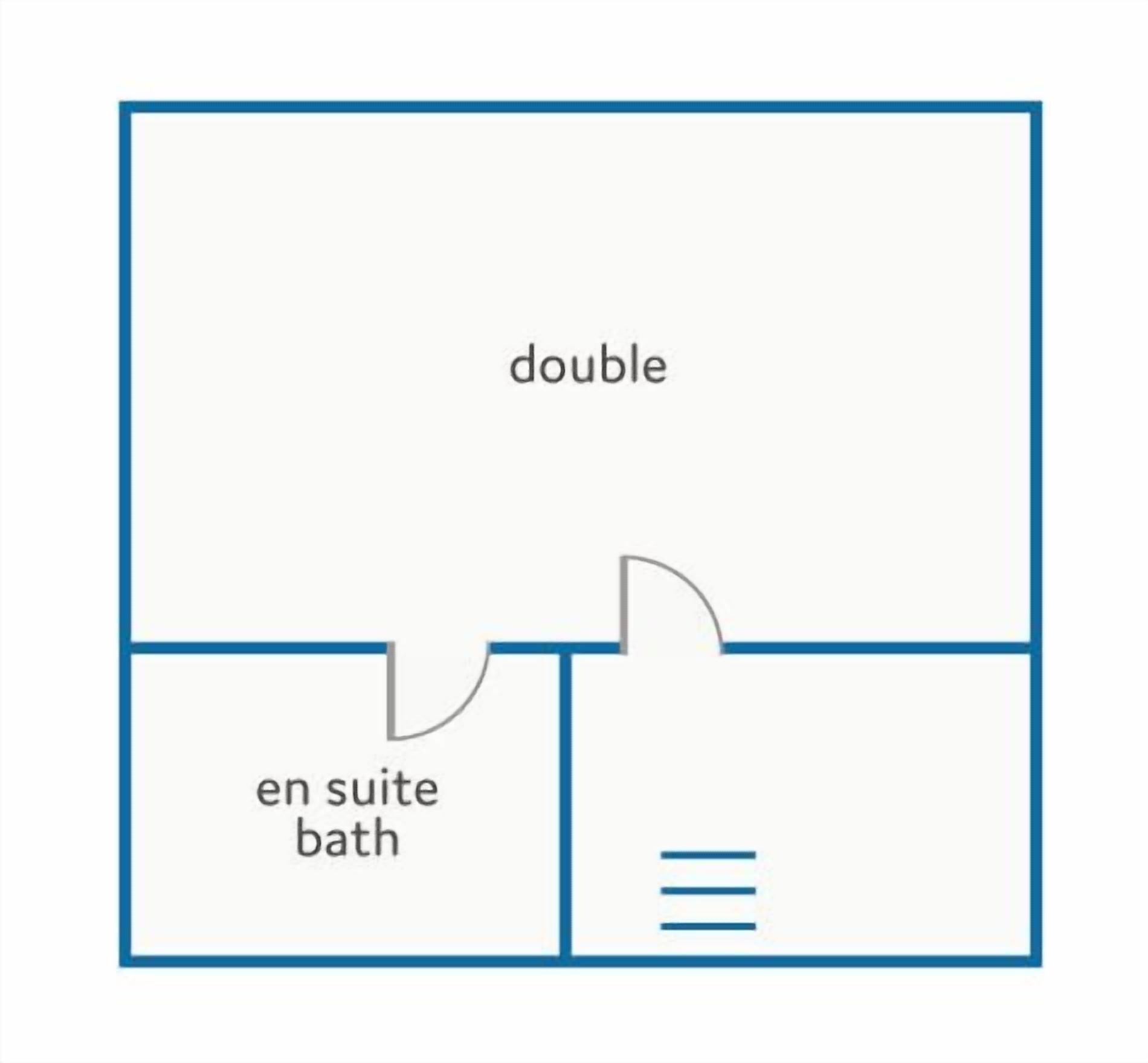 Een plattegrond van een kamer met een tweepersoonsbed en een eigen badkamer.