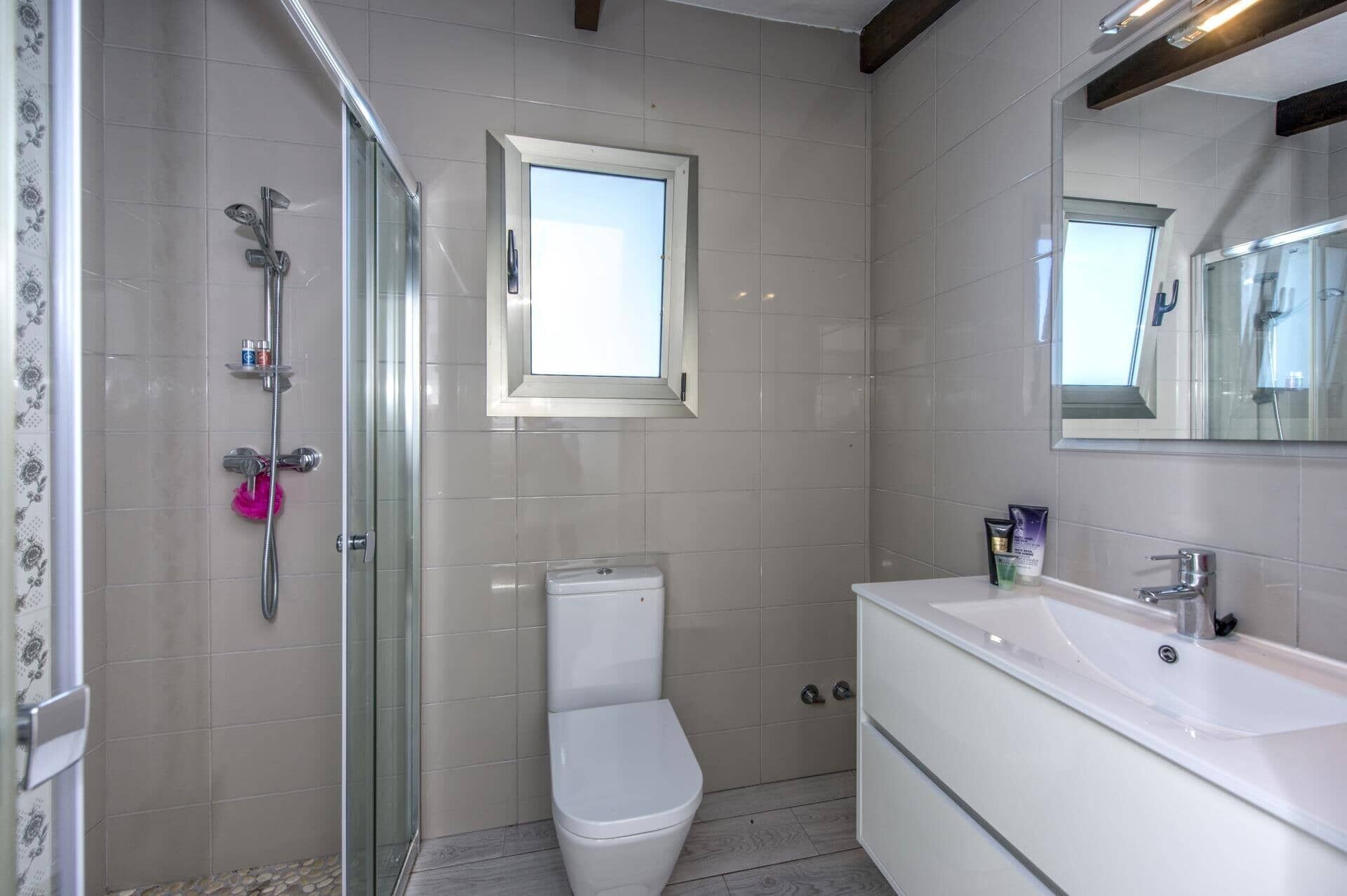 A bathroom with a glass shower enclosure, a toilet, and a vanity with a mirror.