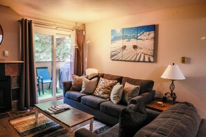 Smart TV, fireplace, DVD player, books