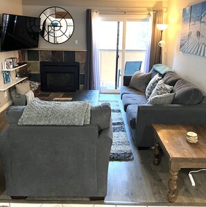 Smart TV, chimenea, reproductor de DVD y libros