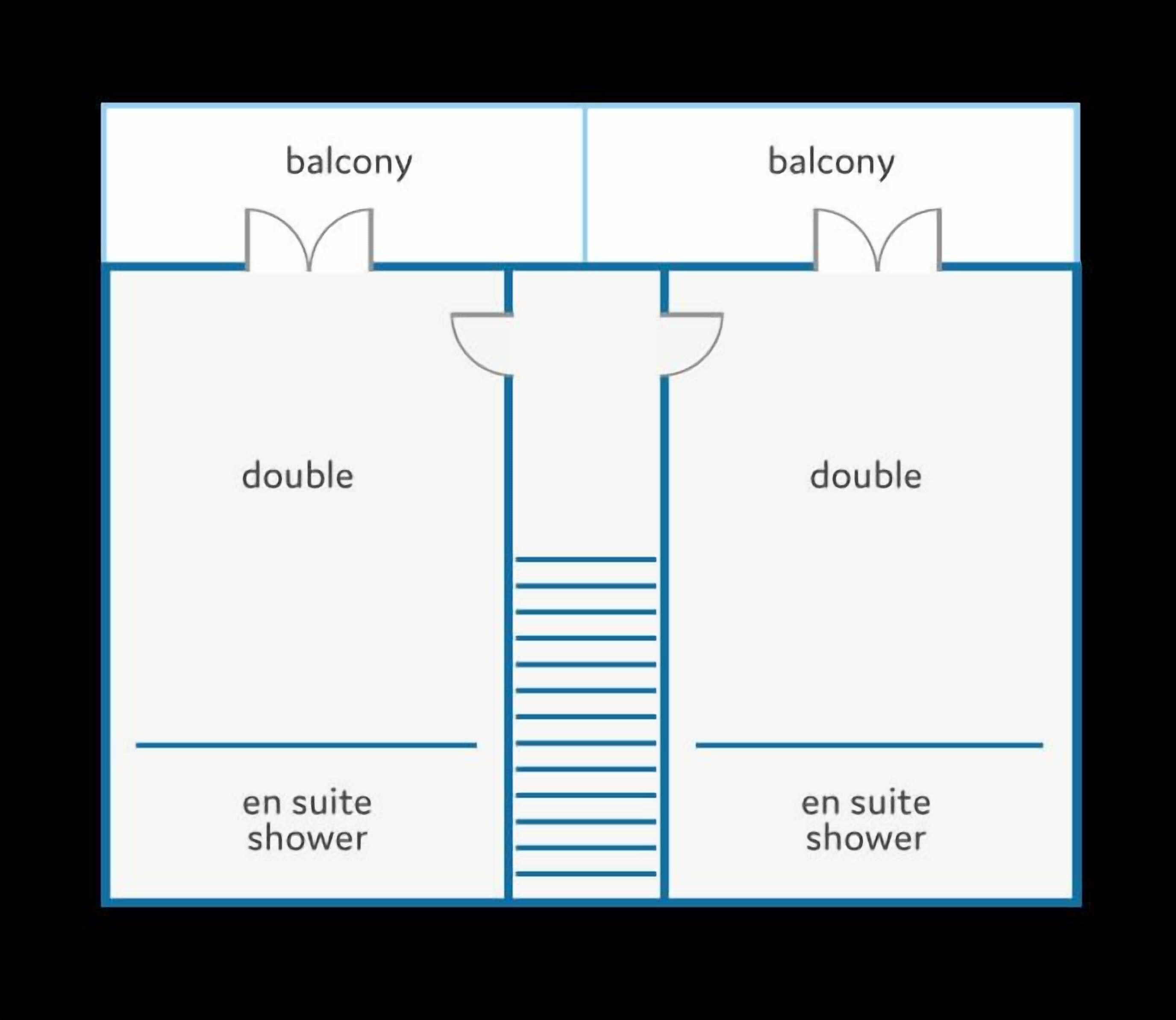 Layout del bagno con due balconi, una doccia doppia e una doccia centrale.