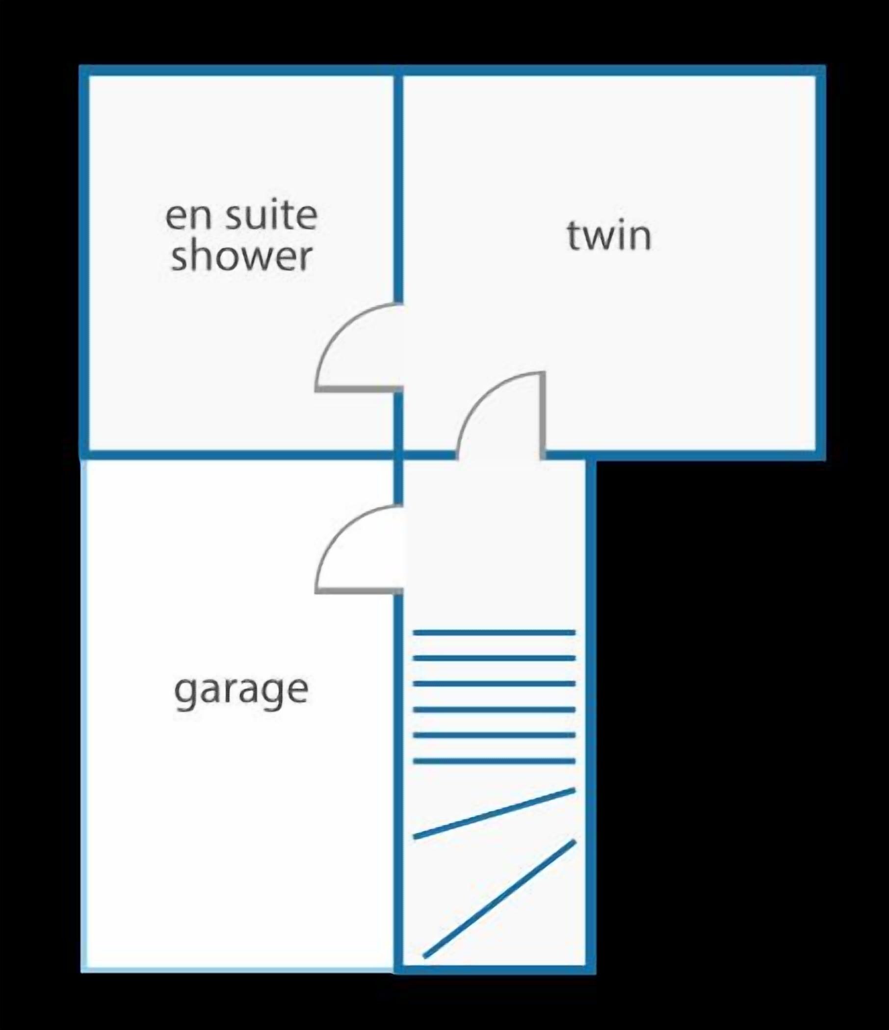 A room layout with a shower, twin bed, and garage.