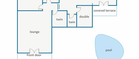 A floor plan of a hotel with a lounge, double rooms, twin rooms, a kitchen, dining area, covered terrace, and a pool.
