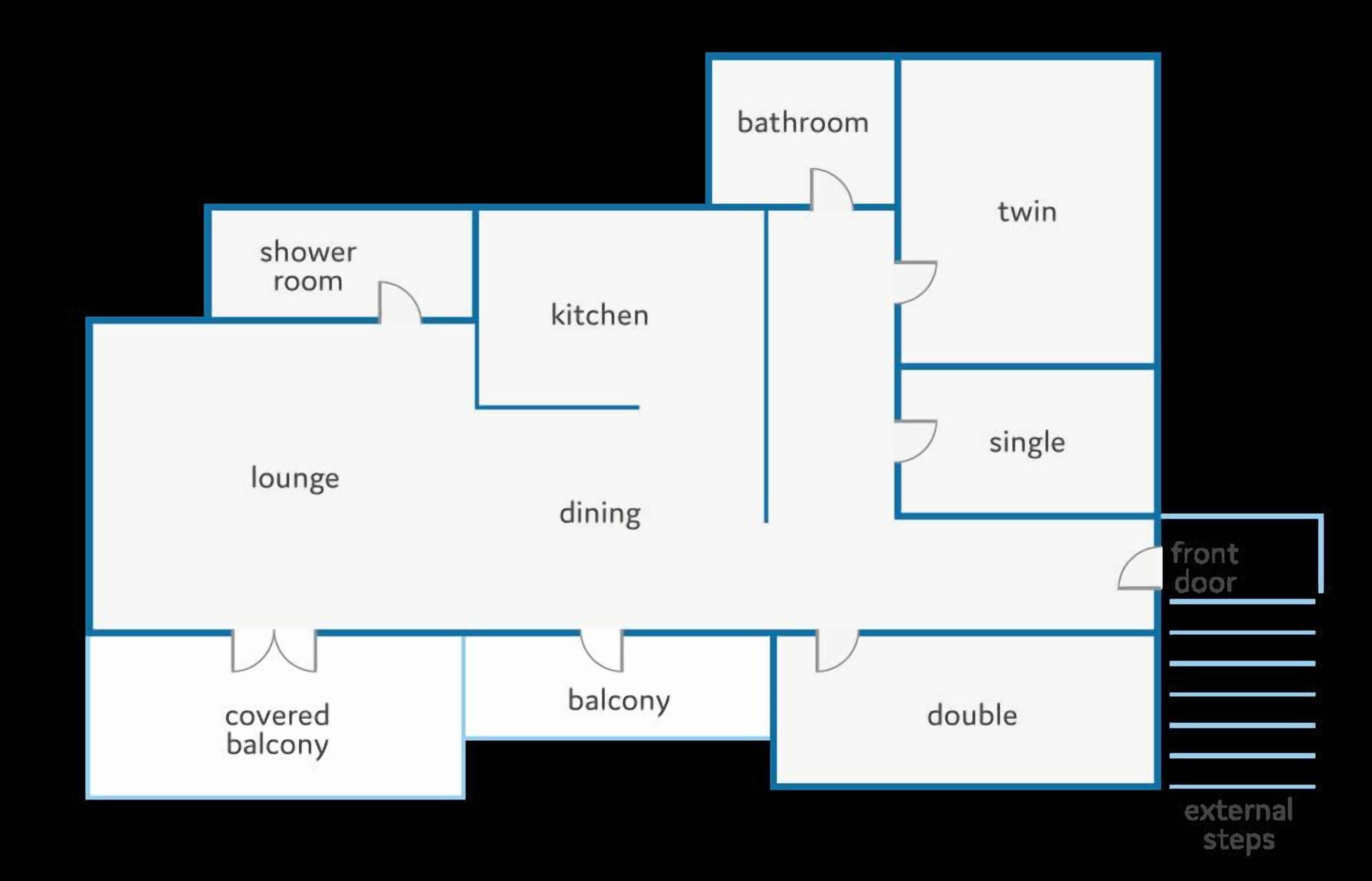 Ein Hotelgrundriss mit einer Lounge, einer Küche, einem Essbereich, einem Duschraum, einem Badezimmer sowie einem Balkon und einem überdachten Balkon.