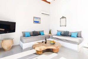 Een moderne woonkamer met een flatscreen televisie, twee banken met blauwe kussens, een houten salontafel, een potplant en een wandairconditioner.