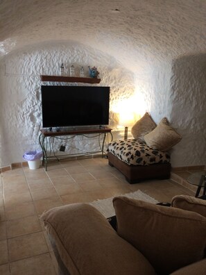 Tv, eldstad, böcker och en stereo