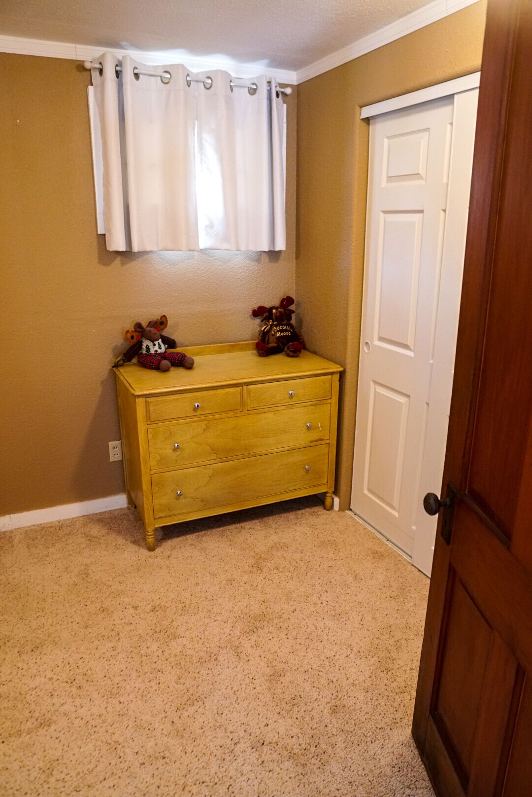 Een kamer met een houten dressoir, een witte deur en een beigekleurig tapijt.