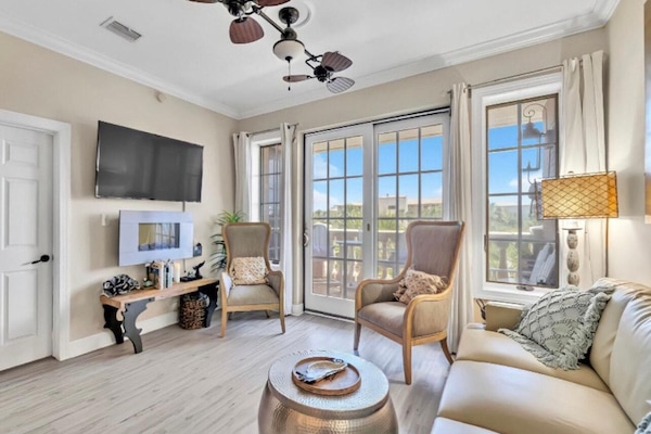 Smart TV, fireplace, books