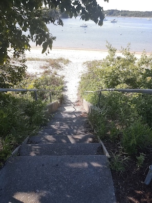 A pathway leading to a beach with boats in the water.