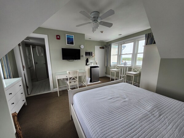 Habitación de hotel con cama, escritorio, silla, televisión, microondas y ventana con vista.