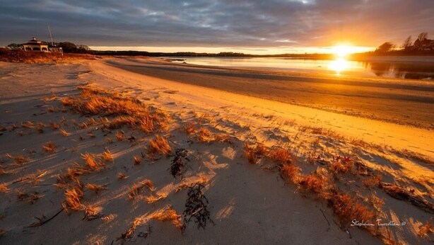 A beach with a sunset, sandy terrain, and sparse vegetation.