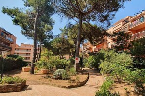 Stroll through a serene courtyard surrounded by residential buildings, featuring lush trees and a paved pathway.