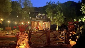 A rustic wooden building with a sign, surrounded by trees and a stone wall, under a night sky with a visible moon.