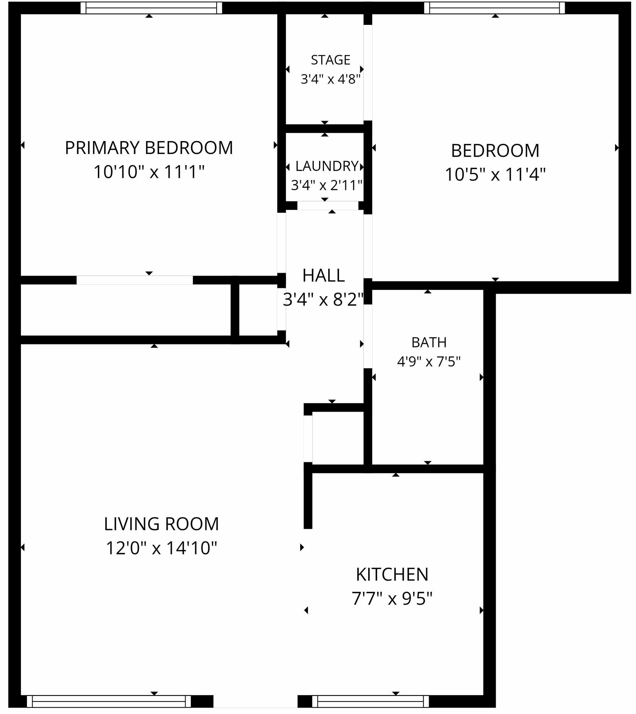 Un plan d’étage comprenant une chambre principale, une chambre secondaire, un salon, une cuisine, une salle de bain, une buanderie, une scène et un hall d’entrée.