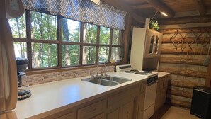 A kitchen with a sink, stove, and cabinets, large windows with a view of trees, and a wooden wall.