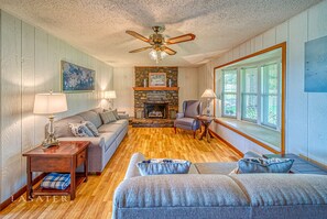 Smart TV, chimenea, reproductor de DVD y libros 