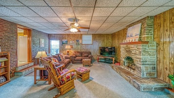 Smart TV, fireplace, DVD player, books