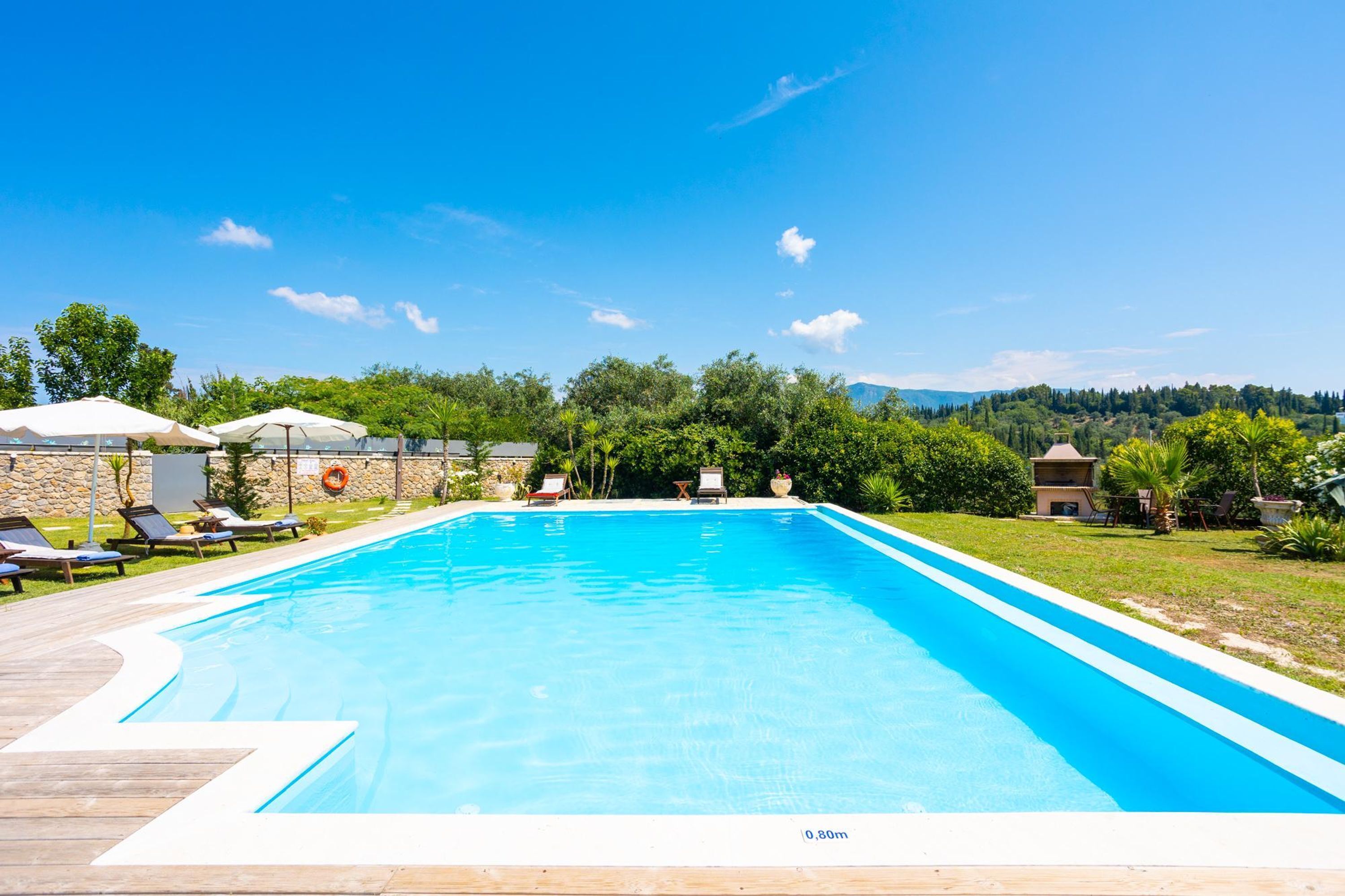 Une piscine rectangulaire avec une terrasse en bois, entourée de chaises longues et de parasols, le tout se fondant dans un paysage d’arbres et de collines.