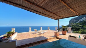 A terrace with a view of the sea, a pool, and potted plants.