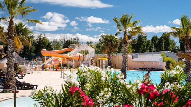 Un parque acuático con un tobogán de agua grande, una piscina y palmeras.