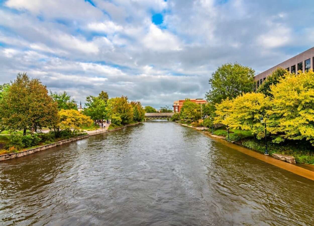 Een rivier met bomen aan beide oevers, een brug in de verte en een gebouw aan de rechterkant.