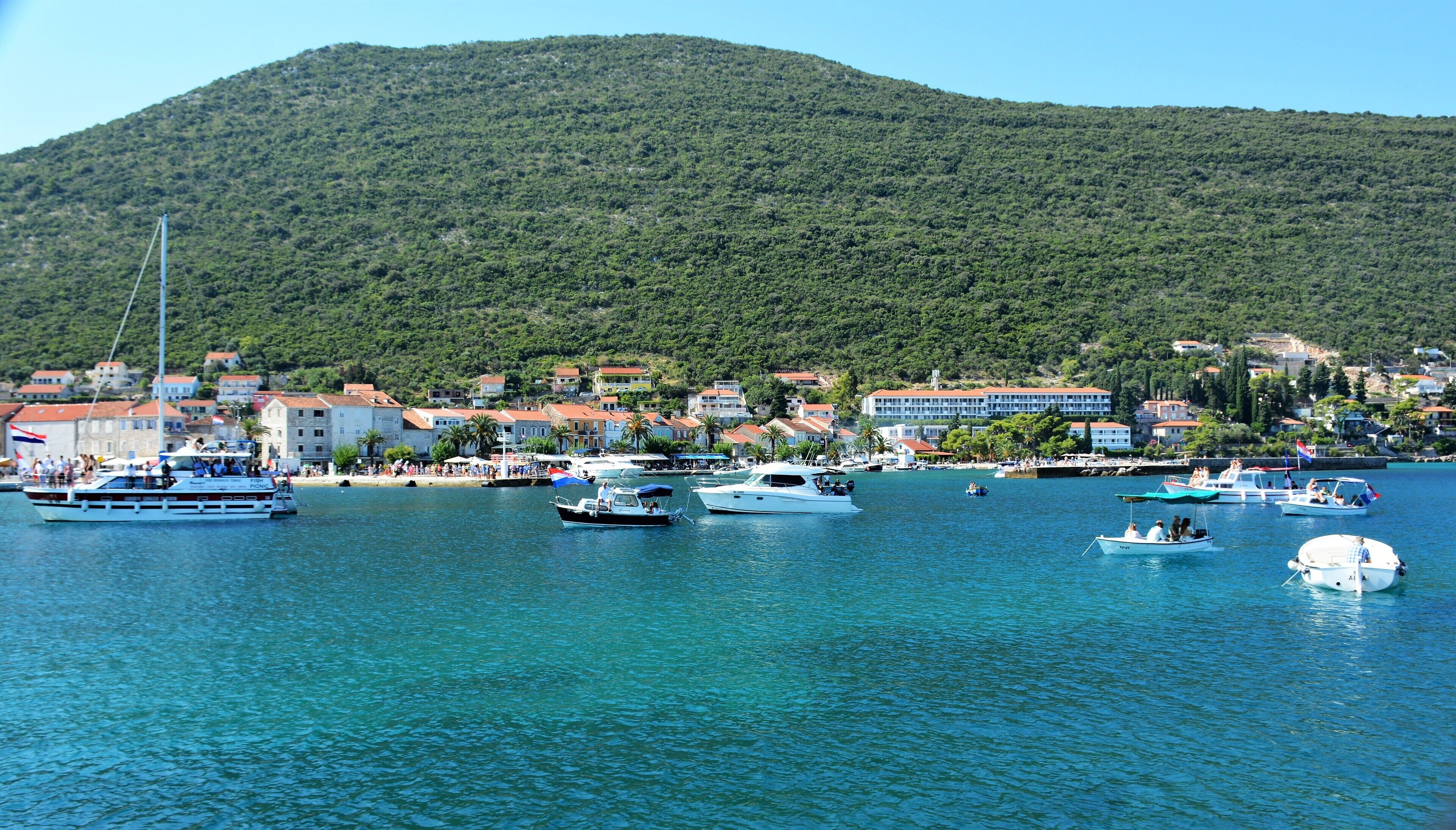 A coastal town with boats docked along the waterfront, buildings with red roofs, and a hill in the background.