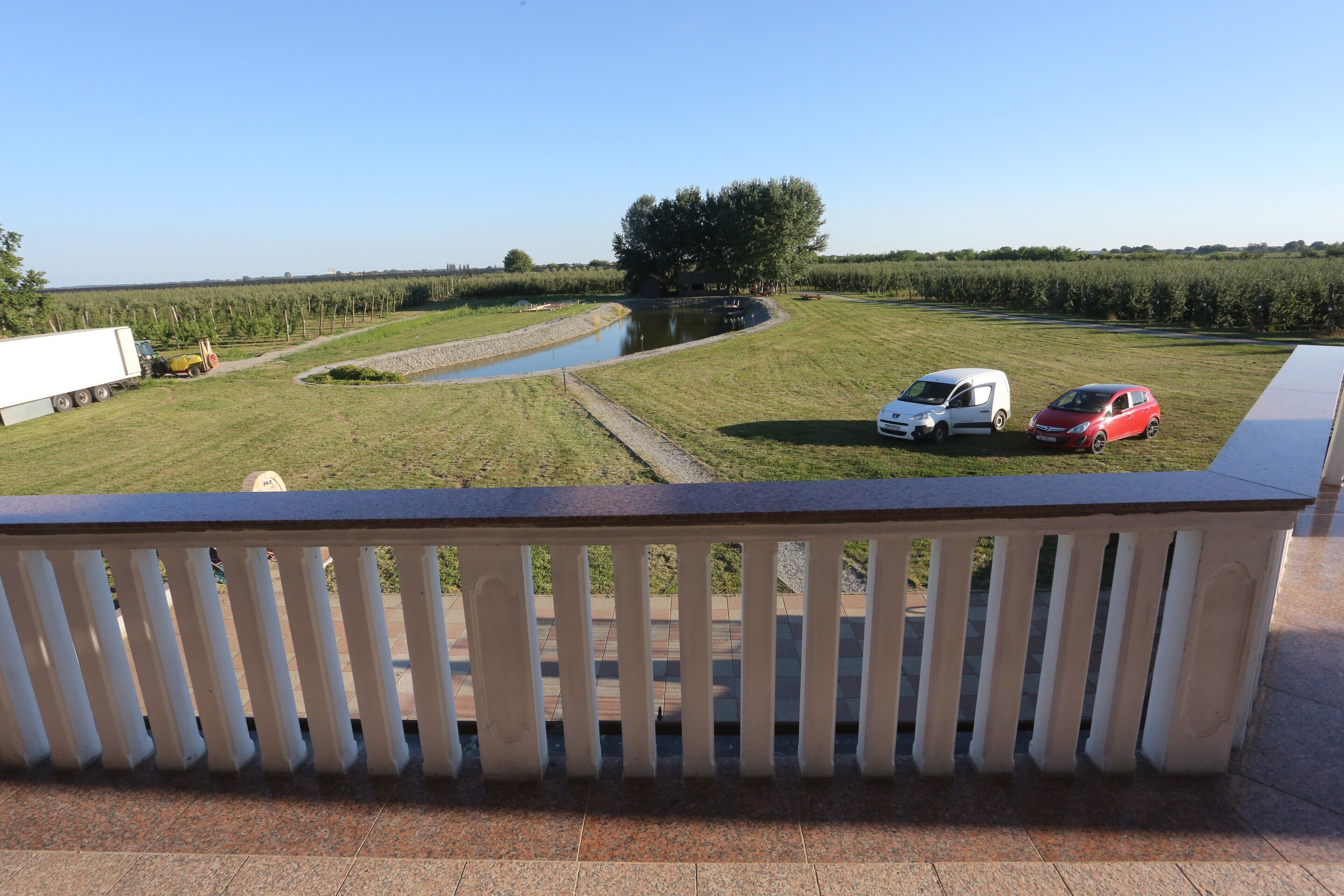 A balcony with a view of a grassy field, a small pond, and parked cars.