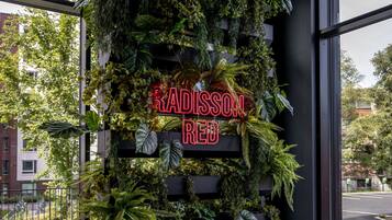 Seinä, jossa on neonvaloin valaistu kyltti, jossa lukee ”RADISSON RED”, ja sen ympärillä on vehreää kasvillisuutta.
