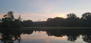 Ein ruhiger See mit Bäumen, die sich im Wasser spiegeln, umgeben von einer grünen Wiese.