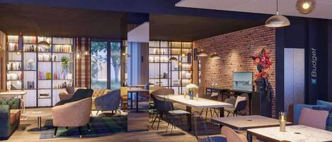 A modern library with bookshelves, seating areas, and a brick wall.
