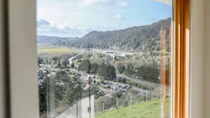 Vista desde una ventana sobre un valle con carretera, edificios y árboles.