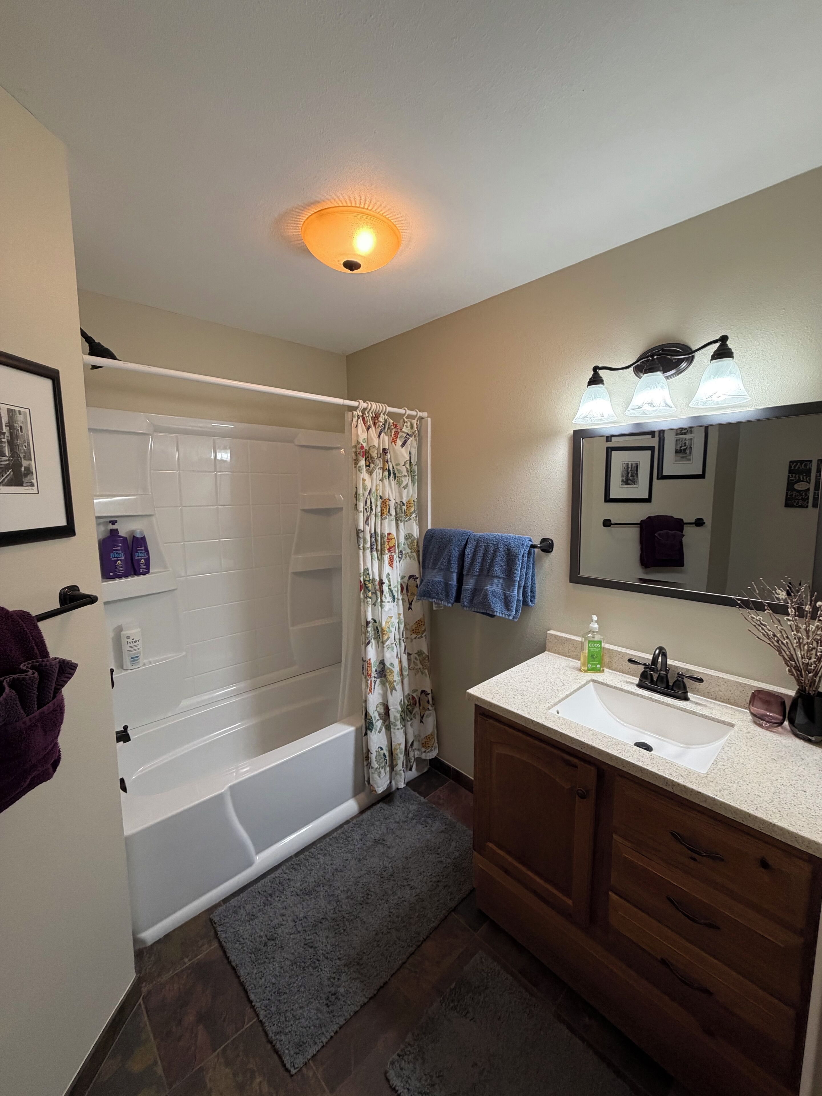 A bathroom with a bathtub, a shower, a vanity with a mirror, and a towel rack.