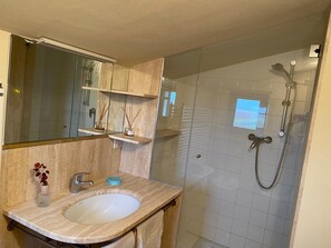 Shower, jetted tub, hair dryer, towels