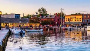Una zona ribereña con barcos amarrados, una hilera de edificios y un paseo peatonal.