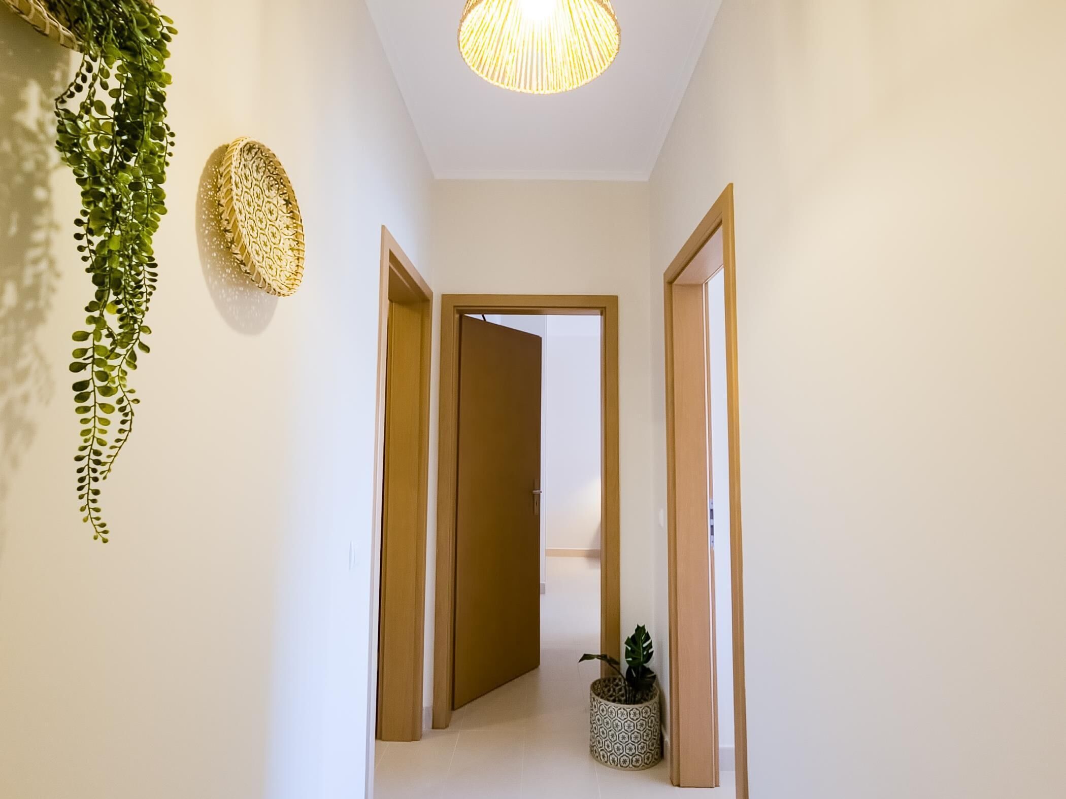 Ein Flur mit einer hängenden Pflanze, Wanddekoration mit Struktur und einem Blumentopf auf dem Boden.