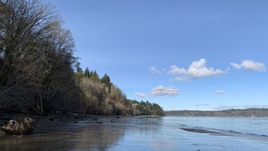 Ein ruhiger See mit Uferlinie, Bäumen und einer entfernten Hügellandschaft.