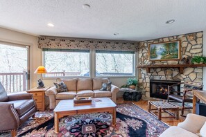 TV connectée, cheminée, livres