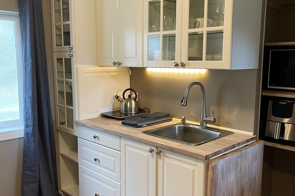 Fridge, microwave, coffee/tea maker, electric kettle