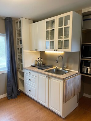 Fridge, microwave, coffee/tea maker, electric kettle