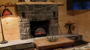 A cozy room with a stone fireplace, wooden walls, a television mounted on the wall, and a table with a plant. - 2 STORY ADIRONDACK LOG CABIN-SKI ! SKI! SKI! (Lake George)
