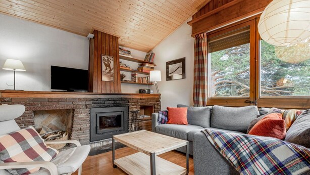A cozy living room with a fireplace, a sofa, a television, and a window with a view of trees. - Stunning private villa for 8 people with WIFI, TV, balcony and pets allowed (Alp)