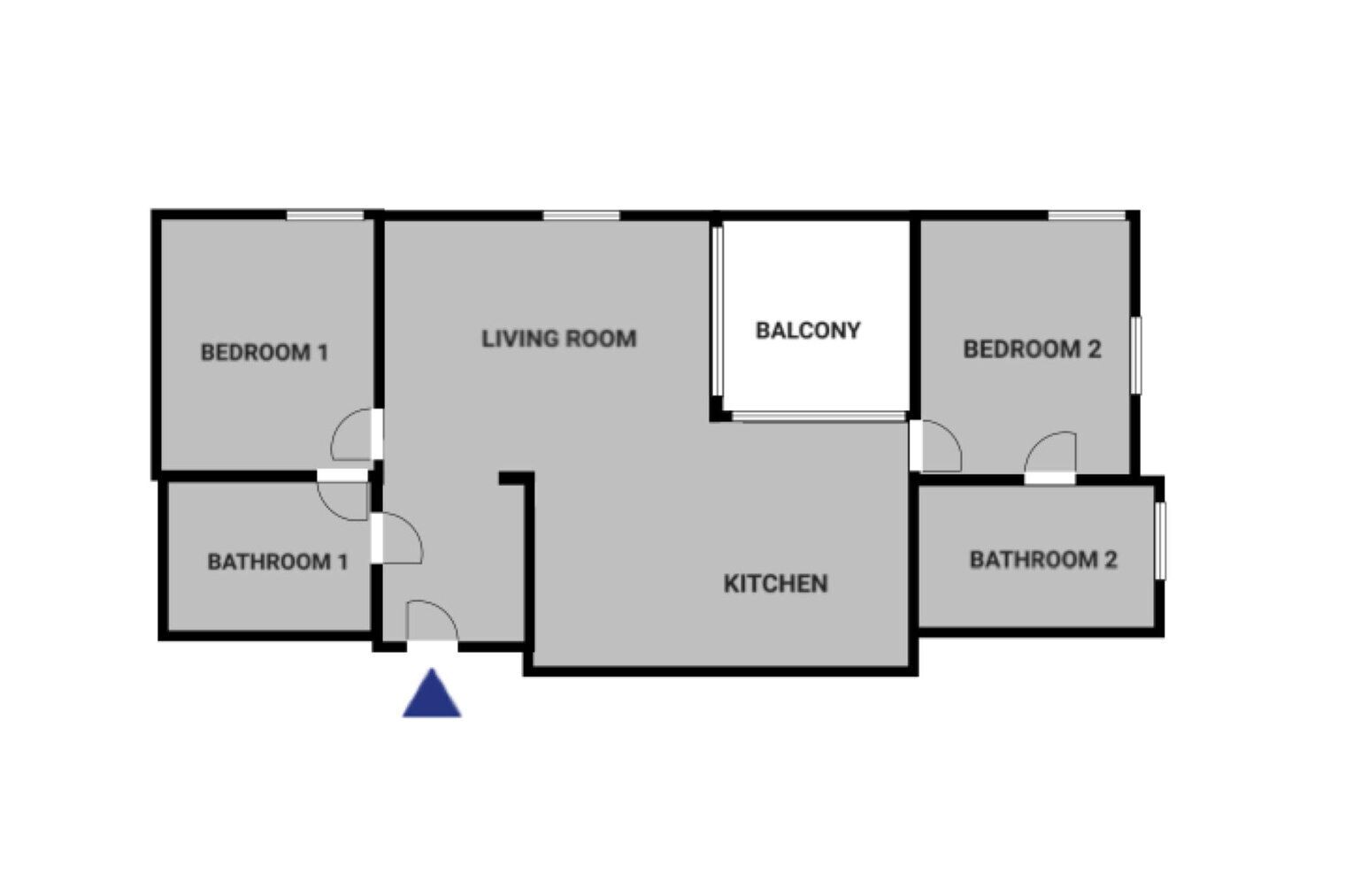 Un plan d’étage comprenant deux chambres, un salon, un balcon, deux salles de bain et une cuisine.