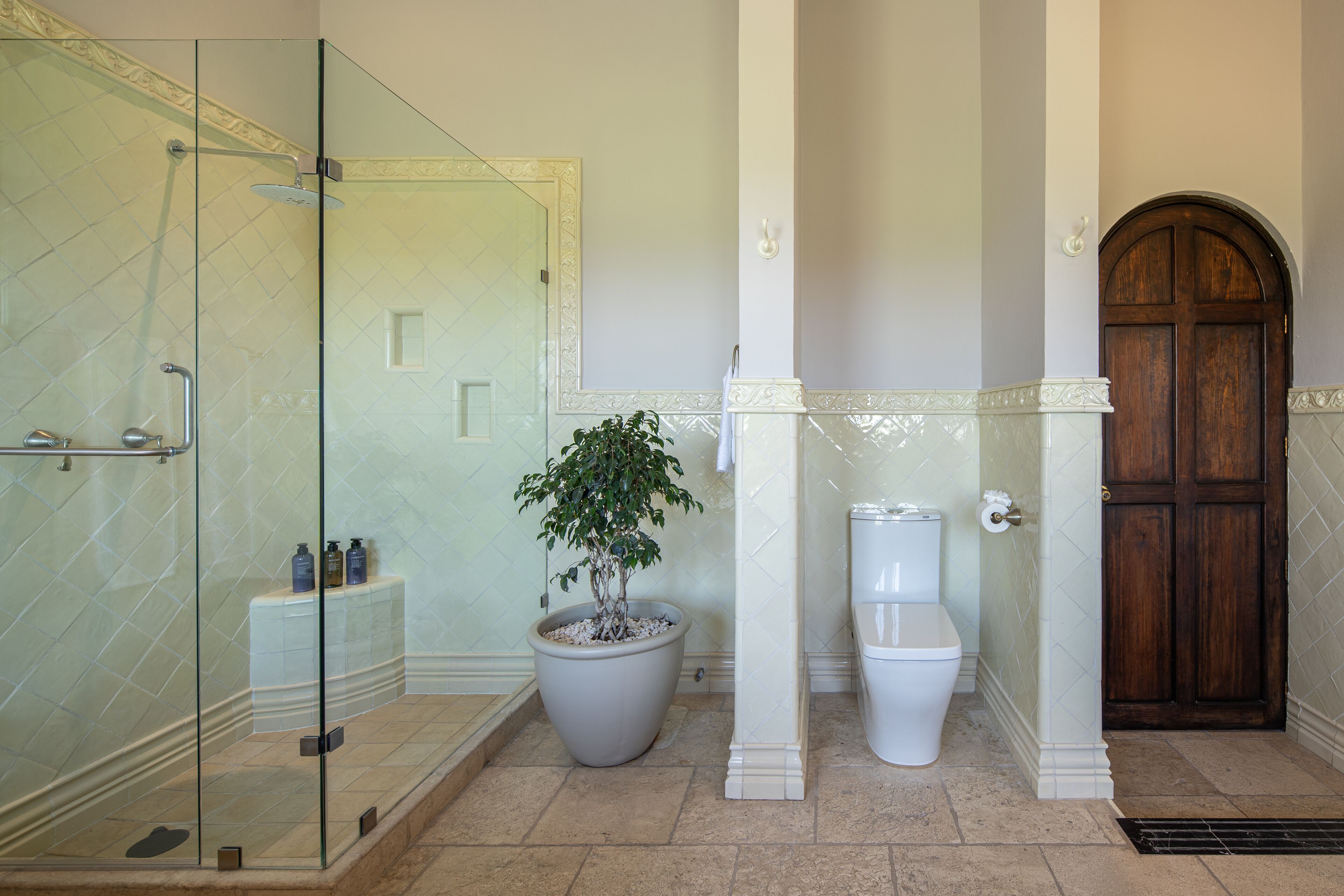 Ein Badezimmer mit einer gläsernen Duschkabine, einem Topfpflanzen, einer Toilette und einer Holztür.