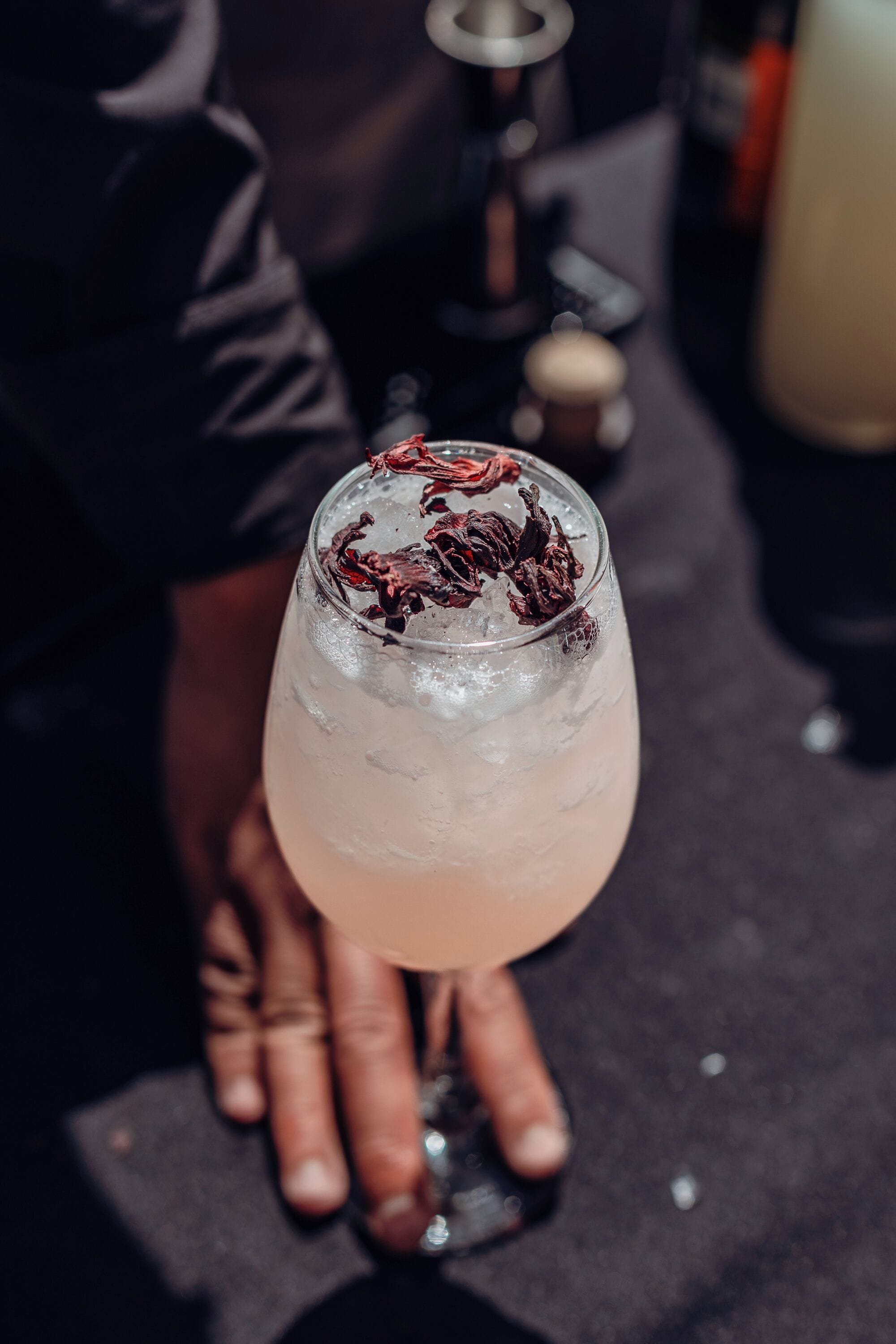 A close-up of a hand holding a cocktail glass with ice and dried flowers on top.