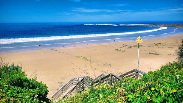 Une plage avec un panneau d’avertissement, un rivage sablonneux et des vagues.