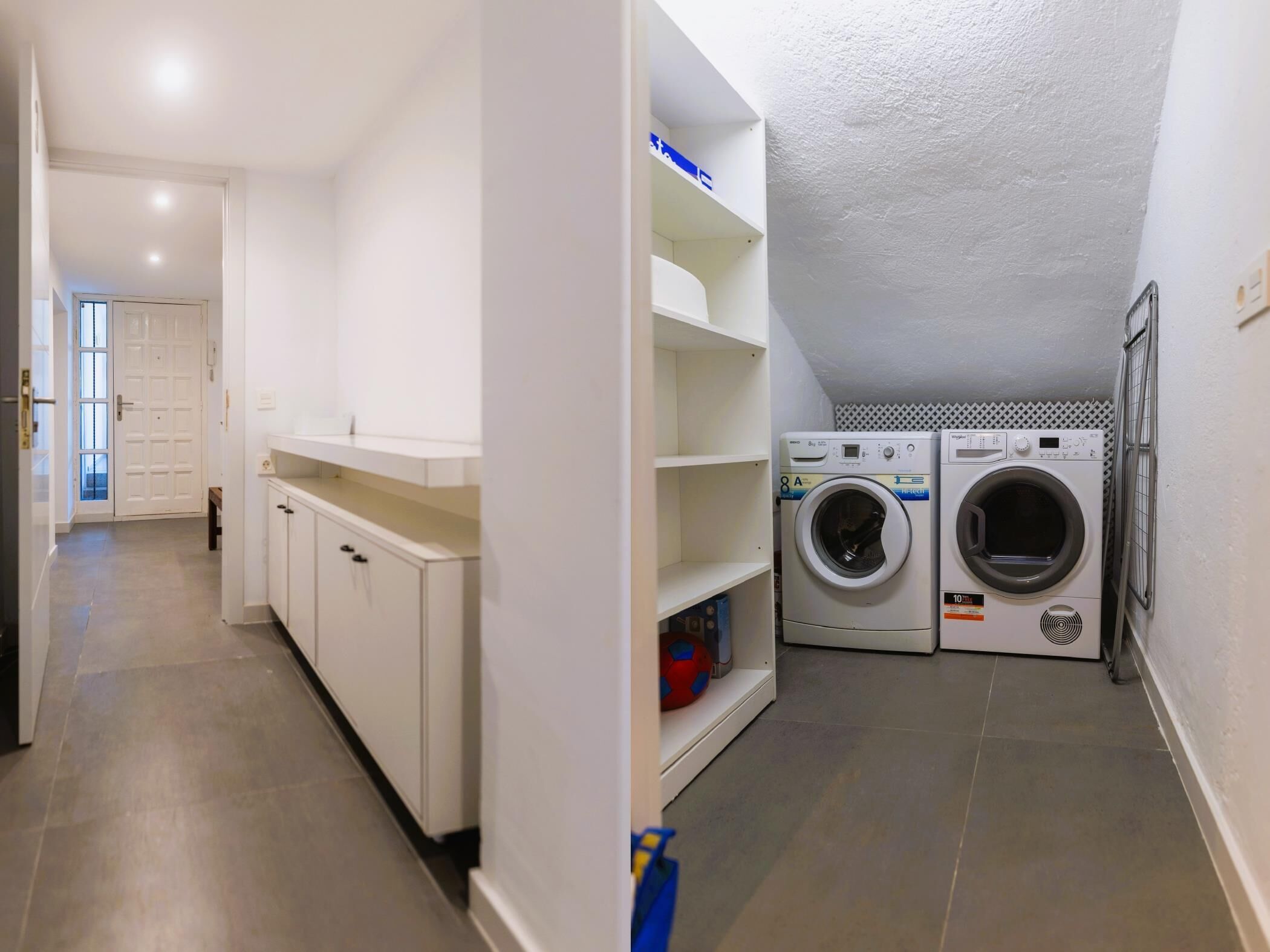 A laundry room with two washing machines, a shelf with a red item, and a door leading to another room.