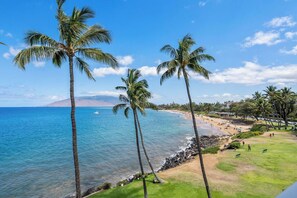 A beach with palm trees, a clear sky, and a view of the ocean. - Remodeled Oceanfront I Royal Mauian 509 (Kihei)