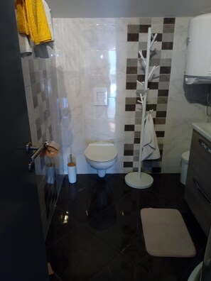 Combined shower/bathtub, hair dryer, towels