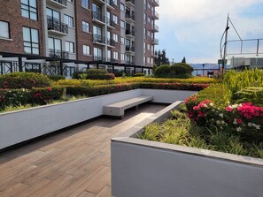 A rooftop garden with a wooden deck, surrounded by neatly trimmed hedges and flowering plants.